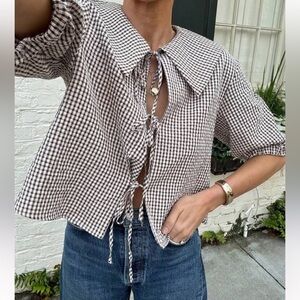 SHEIN Gingham Front Tie Blouse